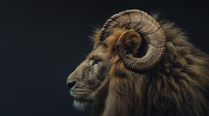 A brown lion with ram horns, in profile view, against a dark background showcasing composure and patience. Powerful Leadership concept king of the kingdom - obrazy, fototapety, plakaty
