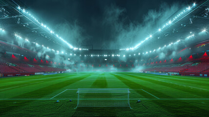 Fototapeta premium a football stadium at night with beamlights on a huge green field,generative ai