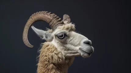 Poster elegant llama with ram horns against a  dark background. © Ron