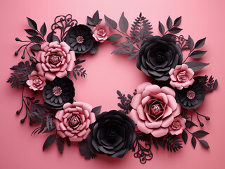 Black paper flowers create a striking contrast on the pink background within a gothic frame - obrazy, fototapety, plakaty
