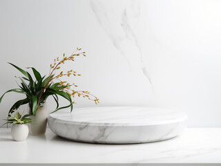 White wall with blank marble table top allows for product display