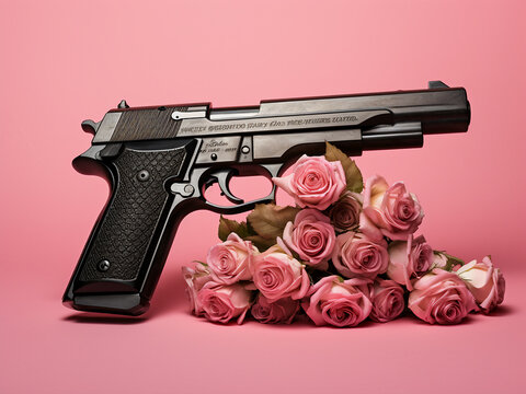 A bouquet of flowers contrasts against a pink backdrop with a black gun