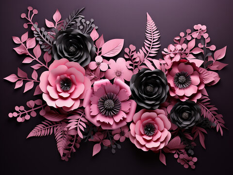 Pink backdrop features black paper flowers within a gothic frame