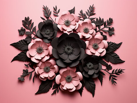 Intricate paper-cut gothic frame holds black paper flowers against pink