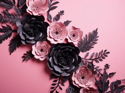 Pink background features paper-cut gothic frame holding black paper flowers