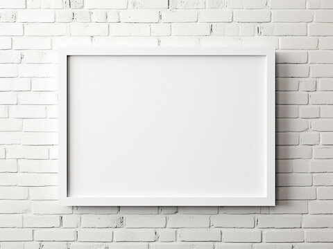 Clipping path photo frame sits on a white brick wall background