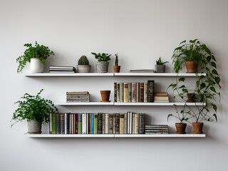 Evergreen plants adorn a bookshelf against a white brick wall, offering space