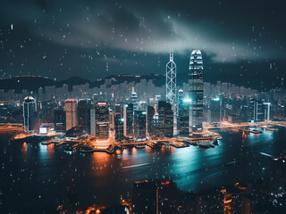 Fototapeta na wymiar Victoria Peak's lights softly blur into the Hong Kong skyline