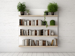 A bookshelf against white brick showcases evergreen plants, leaving space - obrazy, fototapety, plakaty