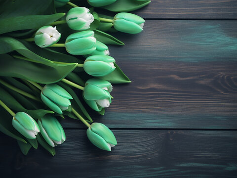 Tulip bouquet's beauty softly blurred against an emerald backdrop