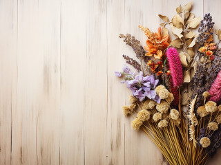 Wildflower bouquet on white table with vintage wood backdrop, ideal for advertising