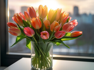 Room adorned with colorful tulips against sunset background through a big window