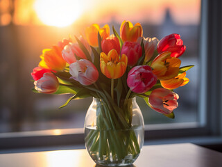 Colorful tulips brighten a room with sunset backdrop through big glass window - obrazy, fototapety, plakaty