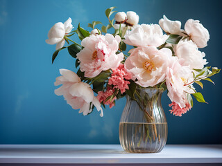 Vase of peonies enhances the aesthetics of a blue interior space