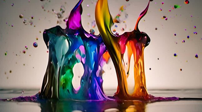 rainbow colored paint dripping into water and combining. Seamless loop, slow motion, high resolution, 4k