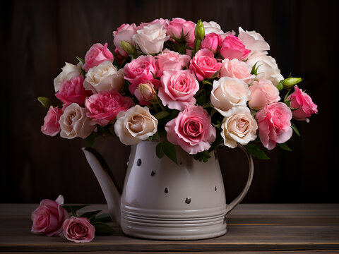 Vintage enamel coffee pot holds pink and beige roses on rustic wood