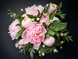 Top view of pink peonies, hypericum, and eucalyptus on white background
