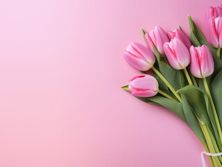 Top view of pink tulips arranged on pink background, offering copy space