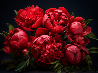 Red peonies arranged on a dark backdrop create a striking image