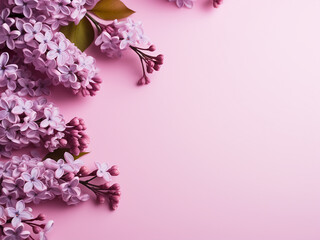 Lilac flowers bloom on a pink background, perfect for spring or Mother's Day, with space for text