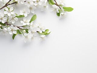 White apple tree branches against light gray, spring backdrop