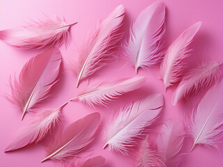 Vibrant feathers arranged neatly on a flat lay against a pink backdrop