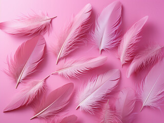 Fototapeta premium Vibrant feathers arranged neatly on a flat lay against a pink backdrop
