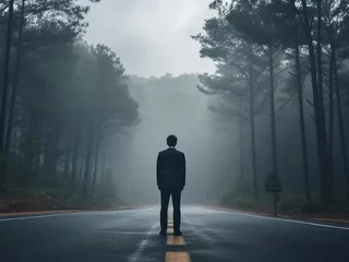 Foto op Plexiglas Amidst a foggy forest, a businessman stands on the road, captured in the backdrop © Llama-World-studio