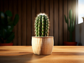 3D rendering presents a cactus planted in a pot on a wooden background