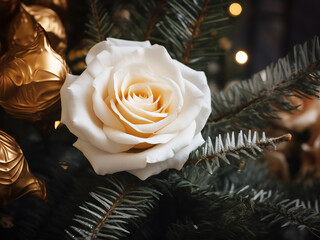 Festive card design includes a fir tree branch and white rose for New Year and Christmas