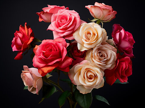 Colorful roses come together in a lovely bouquet against a dusty pink background