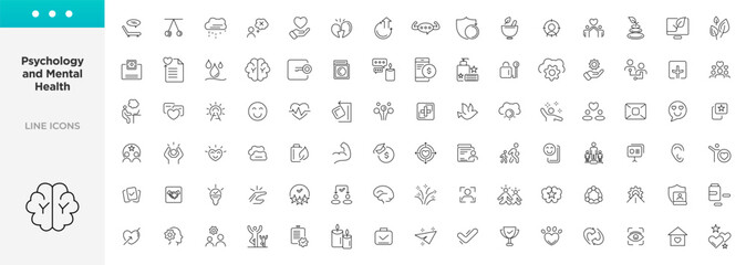 Psychology and mental line icons collection. UI icon set in flat line design. Containing depression, bipolar, PTSD, panic and mind disorder icons. Thin outline icons pack - obrazy, fototapety, plakaty