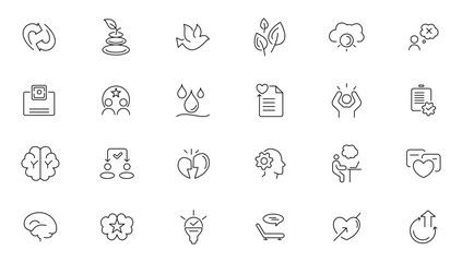 Psychology and mental line icons collection. UI icon set in flat line design. Containing depression, bipolar, PTSD, panic and mind disorder icons. Thin outline icons pack