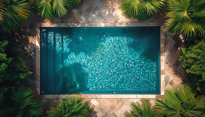 Elegant drone shot: Modern square pool, palm tree enclave, exuding 70s style allure.generative ai - obrazy, fototapety, plakaty