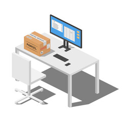 isometric post mail parcel cardboard box package on white table with computer vector flat illustration
