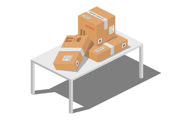isometric post mail parcel cardboard box packages on white table vector flat illustration