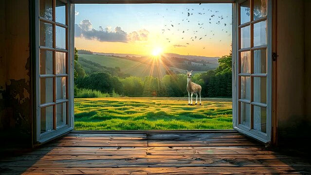 Beautiful sunrise view from the open window overlooking the mountain. Seamless looping 4k time-lapse video animation background