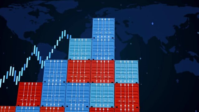 Container cargo business growth from high demand international trade logistic industry, uptrend stock graph of import export commercial freight shipping with global economy map background 3d rendering - Powered by Adobe