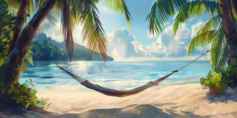 Hammock between palm trees on an idyllic tropical beach, beautiful ocean view. Exotic travel mood, summer vacation background concept.