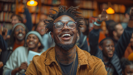 a group of HBCU students celebrating in the library,generative ai