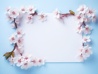 Blue background forms the backdrop for a cherry blossom frame with text space