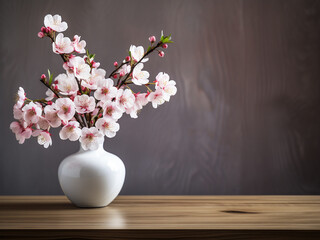 Wooden table hosts a vase of cherry blossoms, offering copy space