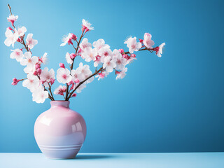 Cherry blossoms arranged in a vase on a blue table against a pink backdrop