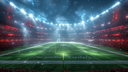 a football stadium at night with beamlights on a huge green field,generative ai