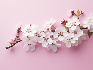Pink background serves as a vibrant setting for cherry flowers in a spring flat lay
