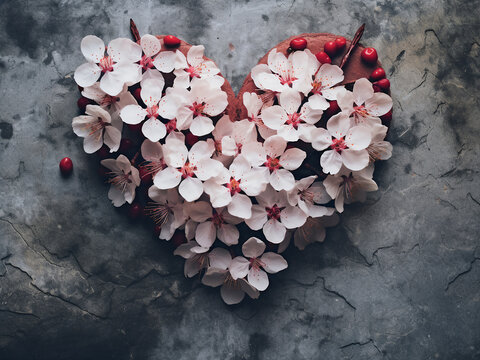 Vintage-style image depicts cherry blossoms forming a heart shape on a stone wall