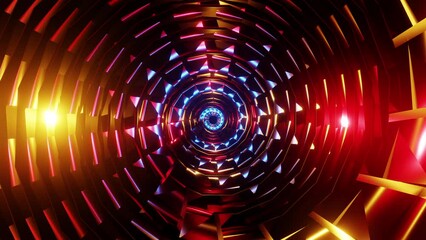 Screwing spiral disc VJ loop like a ribbed snail in red and yellow glitter 3D render. Animation for DJ set, nightclub, music festival, disco show, kaleidoscope, mandala - Powered by Adobe