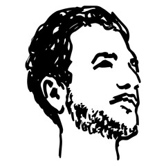 Head of a handsome young bearded man. Fancy guy. Male portrait. Hand drawn linear doodle rough sketch. Black and white silhouette.