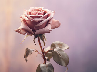 Dried pink rose photographed up close against a pink backdrop