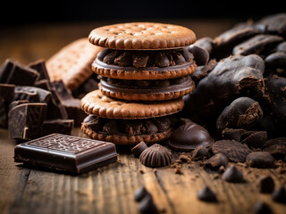 Detailed close-up of chocolates and biscuits arranged on a wooden background - obrazy, fototapety, plakaty